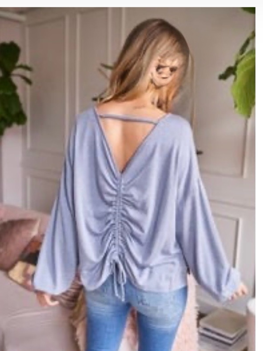 Blue cinched back detail top